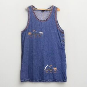 Vintage Cottagecore Floral Embroidered Denim Dress 1X Midi Jumper Giraffe Zebra